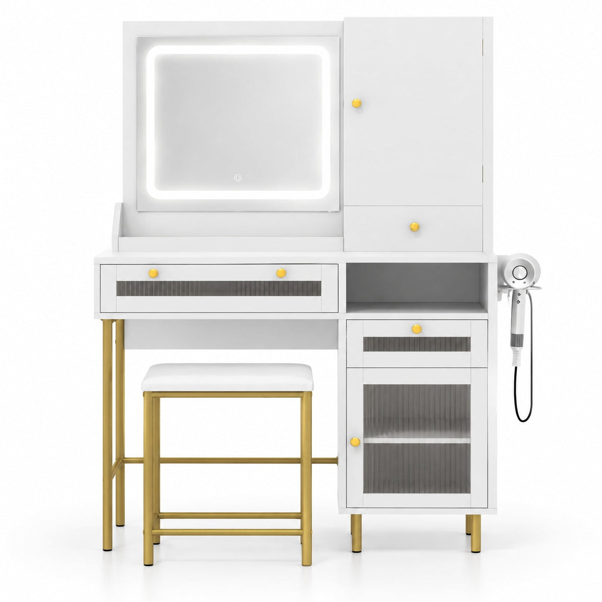 Airfind Modern Makeup Vanity Desk with Mirror and Lights and Stool Set, 110 lbs Capacity, Engineered Wood Frame, 38in x 15.5in x 53.5in Footprint