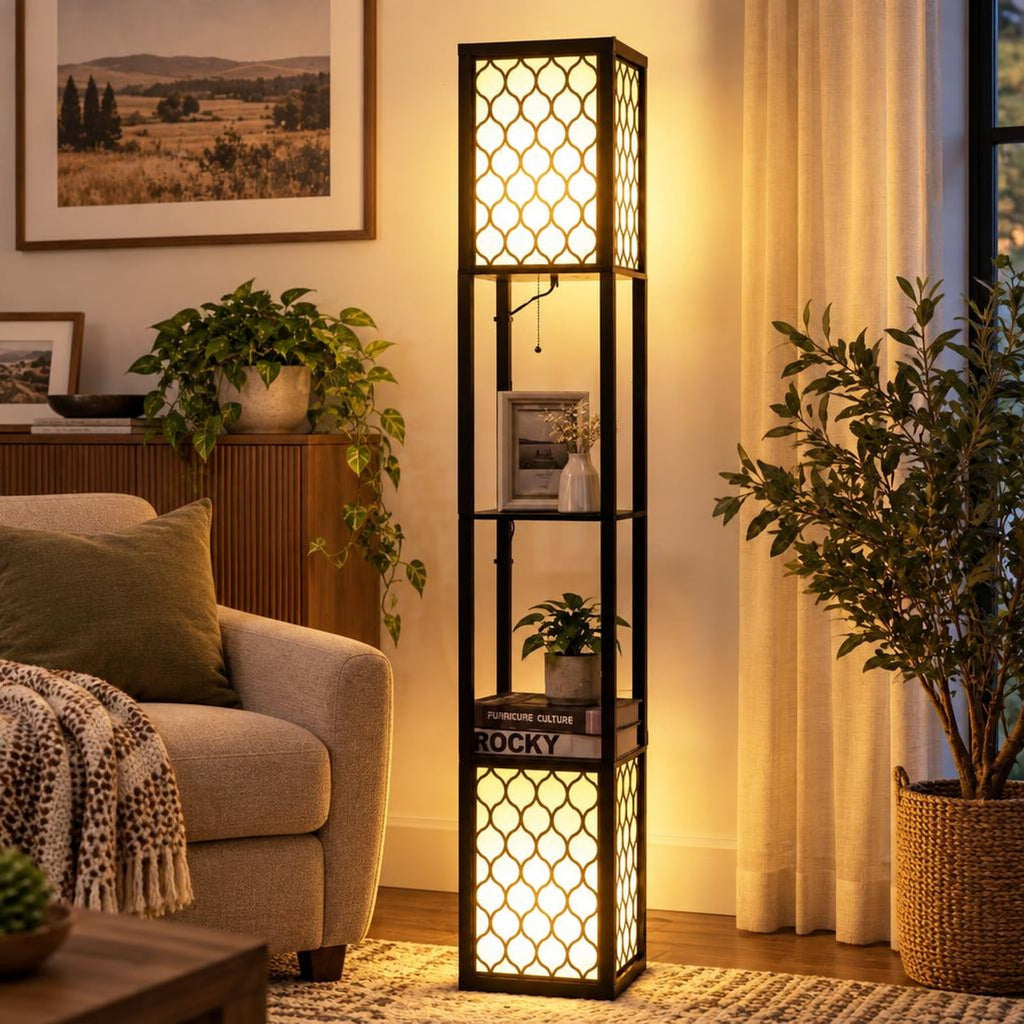 Airfind Modern Shelf Freestanding Floor Lamp with Double Lamp Pull Chain and Foot Switch, MDF Frame, 10in x 10in x 62in Footprint, Black+ White