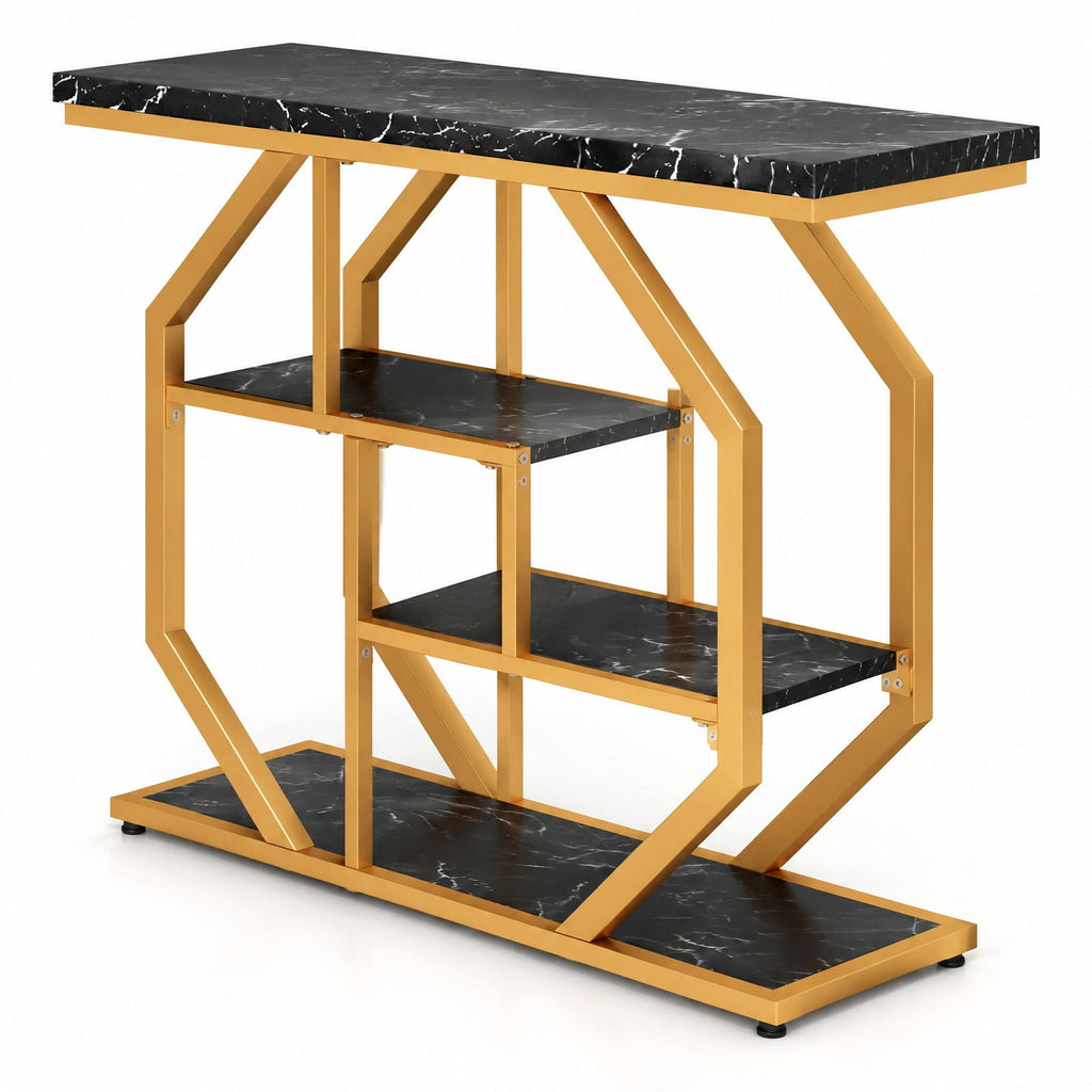 Airfind Modern Sofa Table Behind Couch 4-Tier Console Table with Faux Marble Tabletop, 110 lbs Capacity, MDF Metal Frame, Black