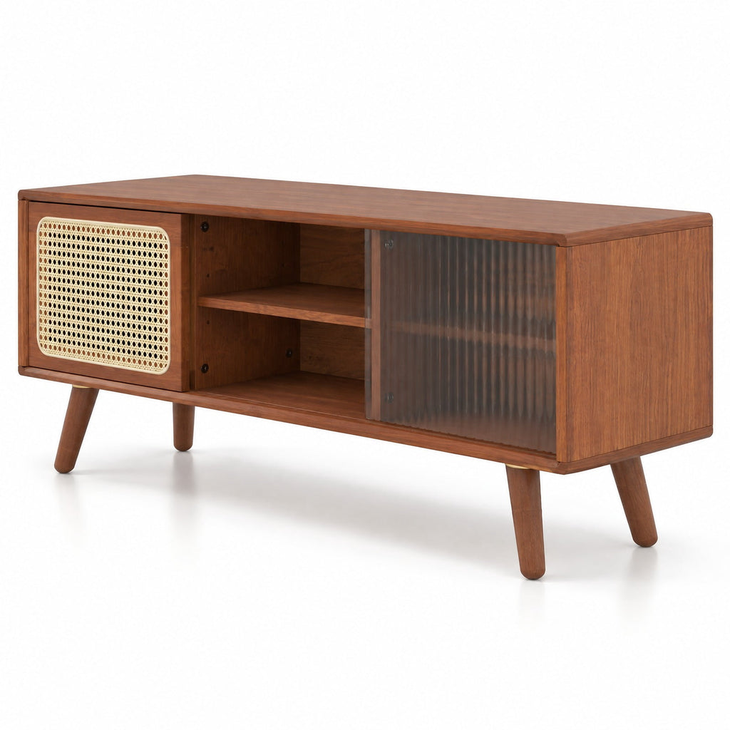 Airfind Modern TV Stand with Rattan Glass Sliding Doors, Bamboo Rubber Wood Rattan Tempered Glass Frame, 47.5 x 12 x 18 Footprint, Brown