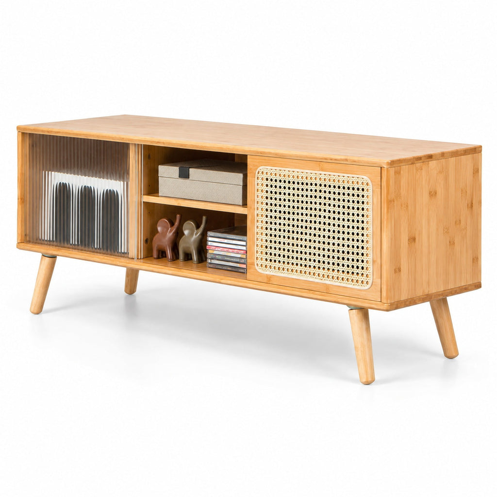 Airfind Modern TV Stand with Rattan Glass Sliding Doors, Bamboo Rubber Wood Rattan Tempered Glass Frame, 47.5 x 12 x 18 Footprint, Natural