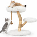 Airfind Modern Wooden Cat Tree Tower with Perch and Natural Jute Scratching Posts, 66 Lbs Capacity, Pear Wood Jute Long Plush Fabric, White