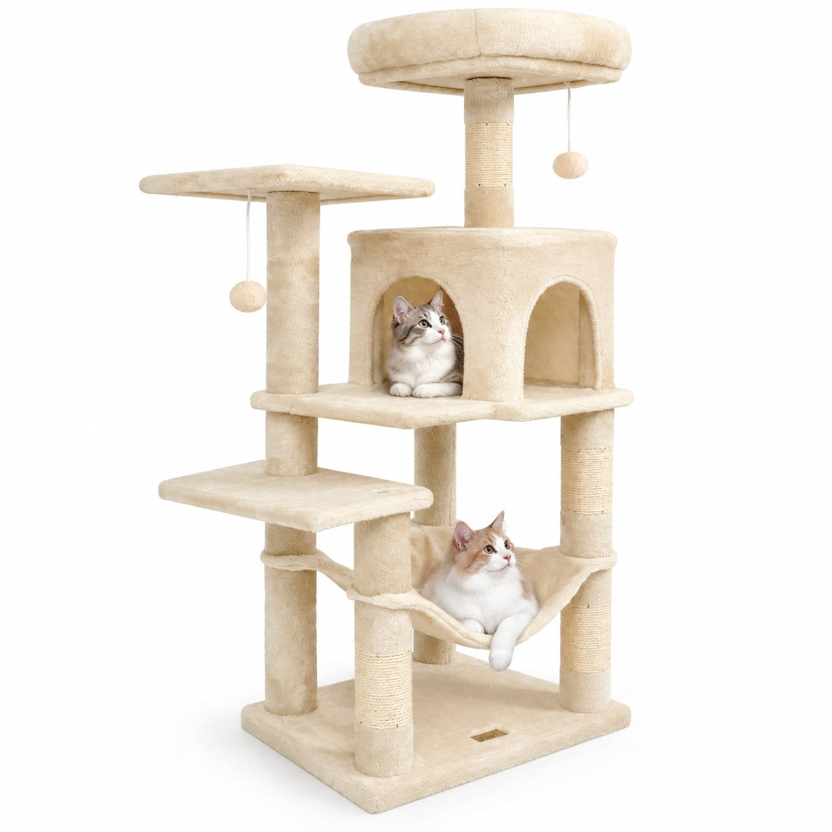 Airfind Multi-Level Cat Tower with 2-Door Condo and Padded Top Perch, PP Cotton Fabric Sisal Engineered Wood Overall Height 44 Base Frame, Beige