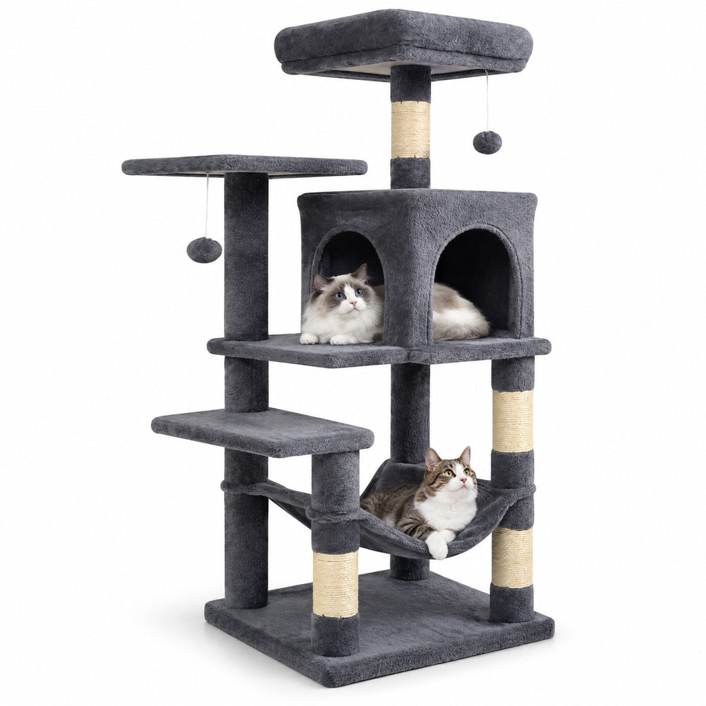 Airfind Multi-Level Cat Tower with 2-Door Condo and Padded Top Perch, PP Cotton Fabric Sisal Engineered Wood Overall Height 44 Base Frame, Gray