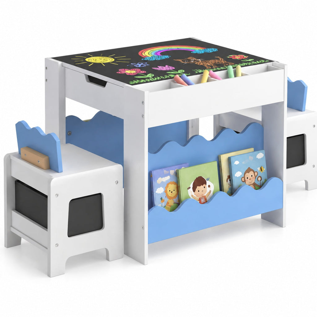Airfind Multi-purpose Activity Kids Table and Chairs Set with Double-sided Tabletop, 55 lbs Capacity, MDF Frame, 26 Inch x 25 Inch x 19 Inch Footprint, Blue