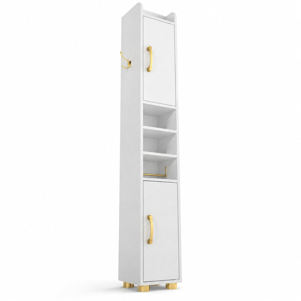 Airfind Narrow Bathroom Storage Cabinet featuring Open Shelves and Toilet Paper Holder, 11 lbs Capacity, Engineered Wood Metal Plastic Frame, White