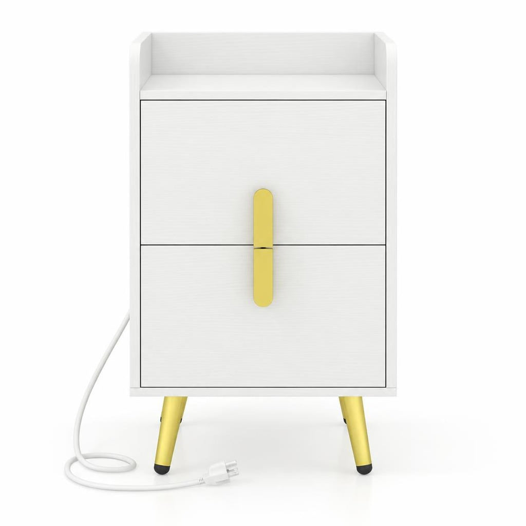 Airfind Nightstand Side Tables with 2 Drawers and Charging Station with 3 AC Outlets and 2 USB Ports, Engineered Wood MDF Metal Frame, 16 Inch x 12.5 Inch 23.5 Inch Drawer Internal Footprint, White