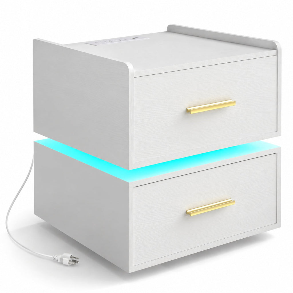 Airfind Nightstand with Charging Station LED Bedside Table with 2 Storage Drawers, 77 lbs Capacity, Engineered Wood MDF Metal Frame, White