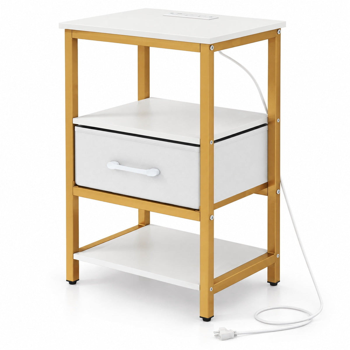Airfind Nightstand with Charging Station and Adjustable Fabric Drawer for Bedroom and Living Room-1 Piece, 44 lbs Capacity, White and Gold