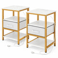 Airfind Nightstand with Charging Station and Adjustable Fabric Drawer for Bedroom and Living Room-Set of 2, 44 lbs Capacity, White and Gold