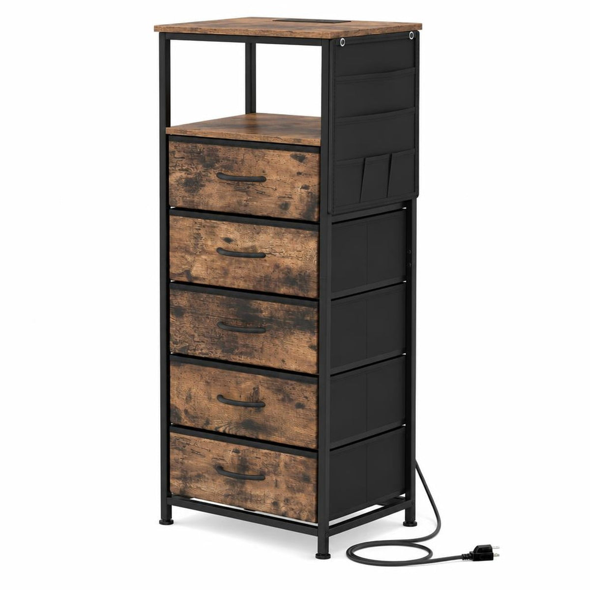 Airfind Nightstand with Integrated Charging Station 39 Inches Modern Bedside Table, 56 kg/123.5 ls Capacity, Metal MDF Non-Woven Fabric Frame, Brown