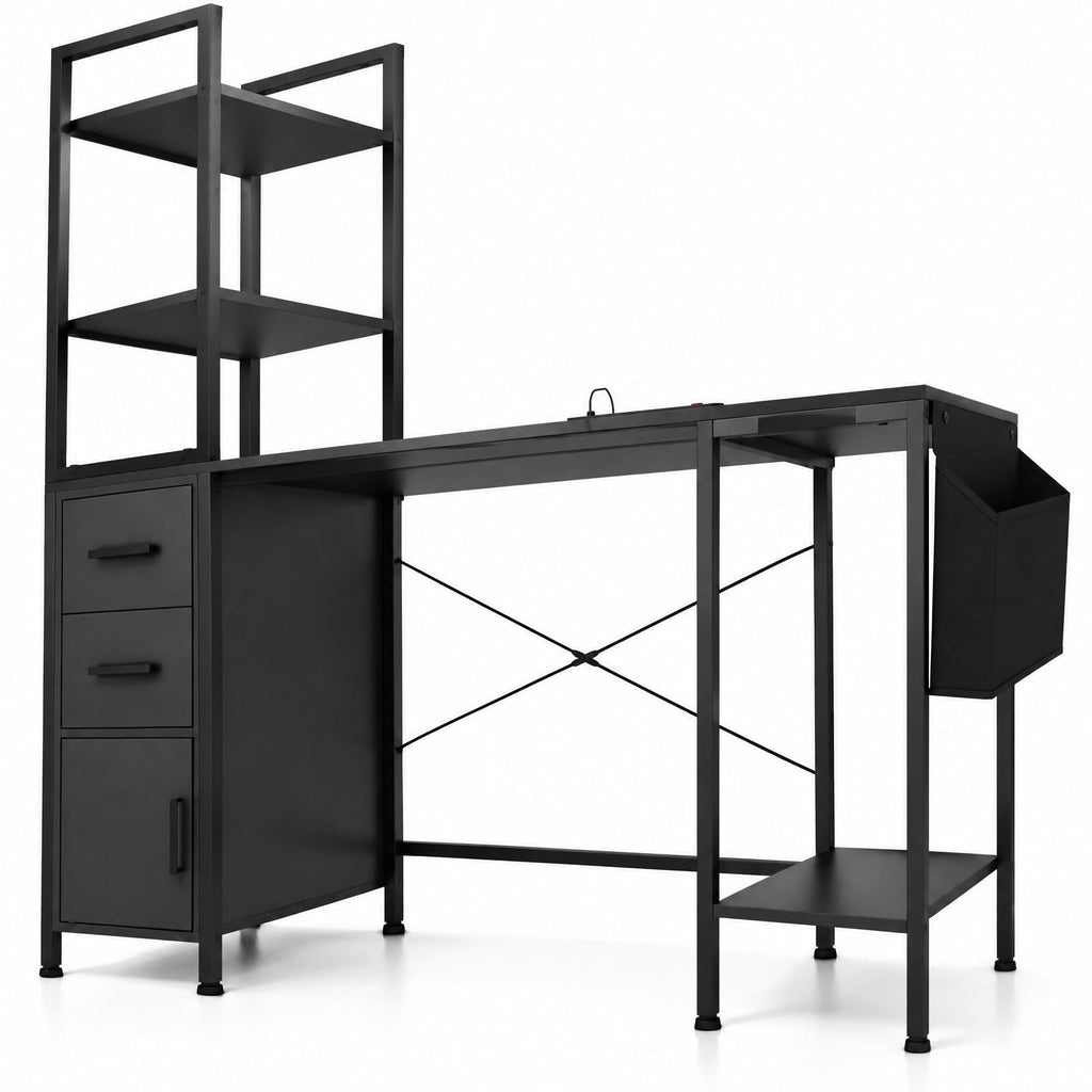 Airfind Office Desk with LED Lights and Power Outlets Computer Desk with Open Shelves, 200 lbs Capacity, Engineered Wood Metal Fabric Frame, Black
