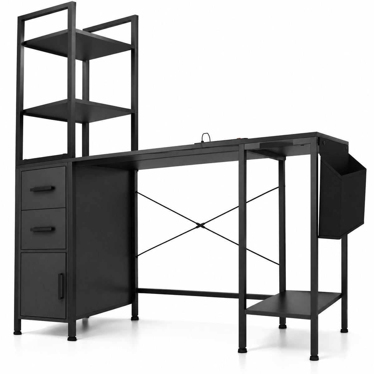 Airfind Office Desk with LED Lights and Power Outlets Computer Desk with Open Shelves, 200 lbs Capacity, Engineered Wood Metal Fabric Frame, Black