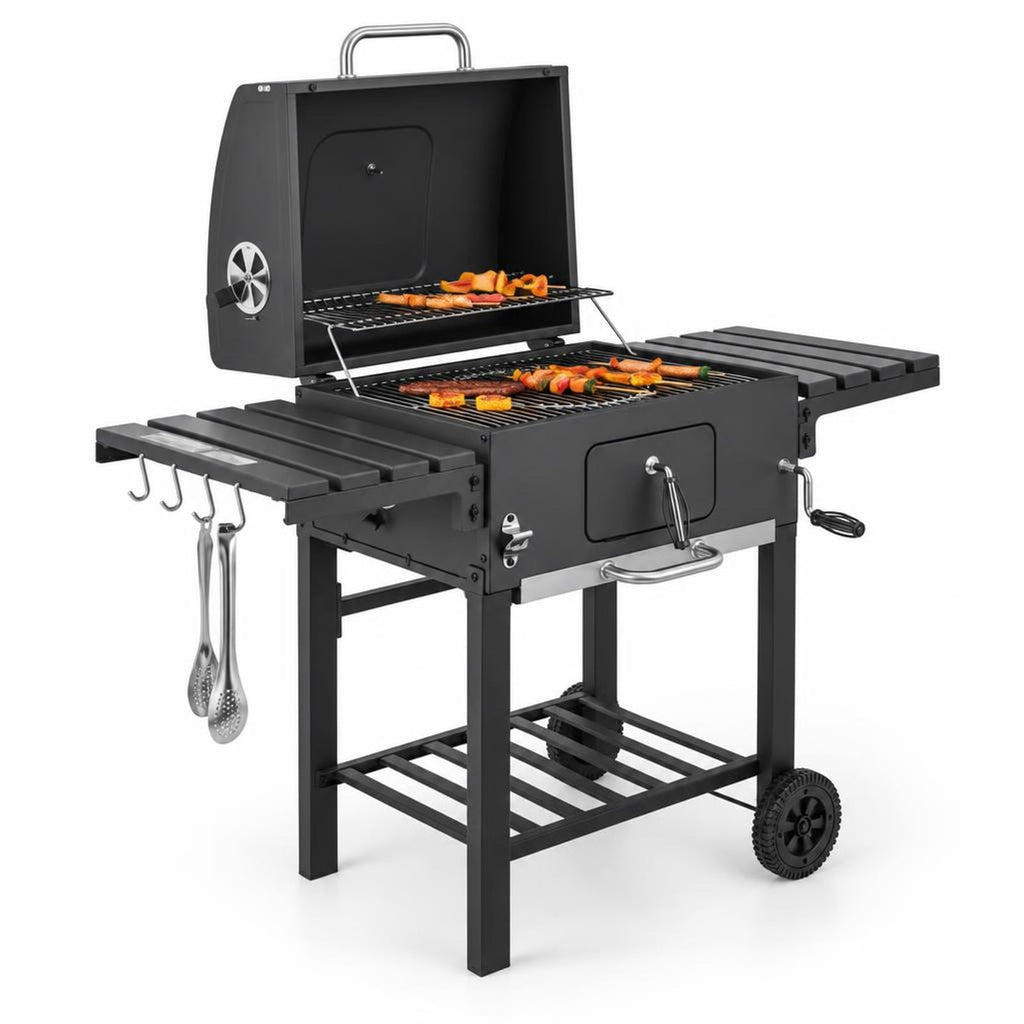 Airfind Outdoor BBQ Charcoal Grill with 2 Foldable Side Table and Wheels, Steel PP Frame, 50.5 Inch x 21 Inch x 46 Inch Footprint, Black