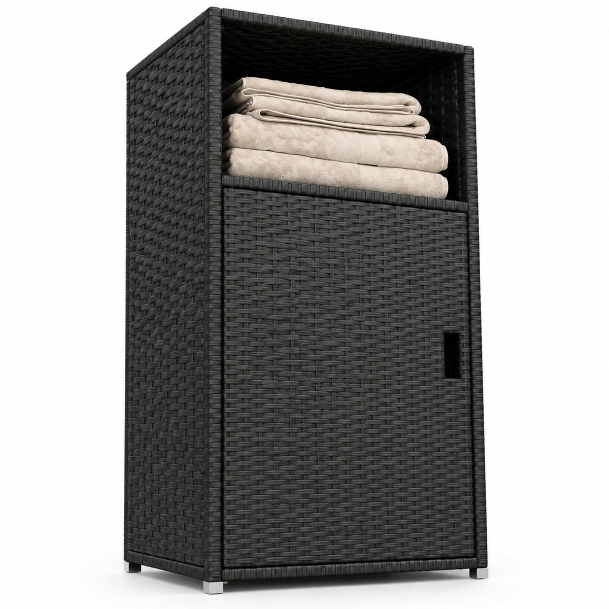 Airfind Outdoor PE Wicker Storage Cabinet with Door and Open Compartment for Patio, Shelf 66 lbs Capacity, PE Rattan Metal Frame, Black