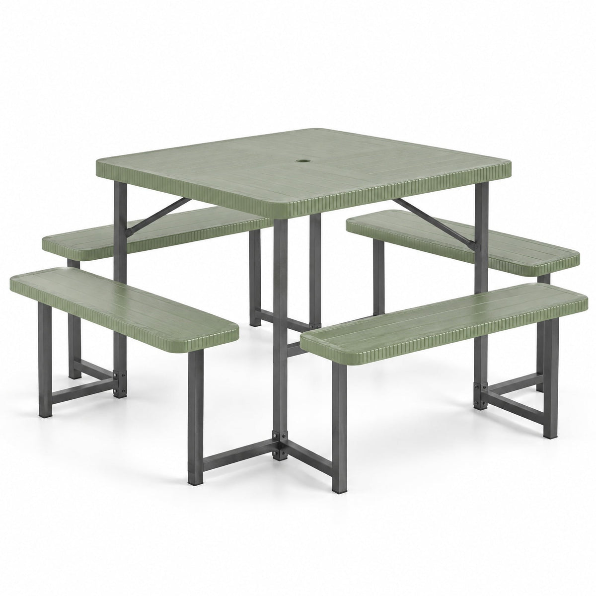 Airfind Outdoor Square Picnic Table Bench Set for 4-8 People with Umbrella Hole, Table 110 lbs Capacity, HDPE Metal Frame, 63 x 63 x 30 Footprint
