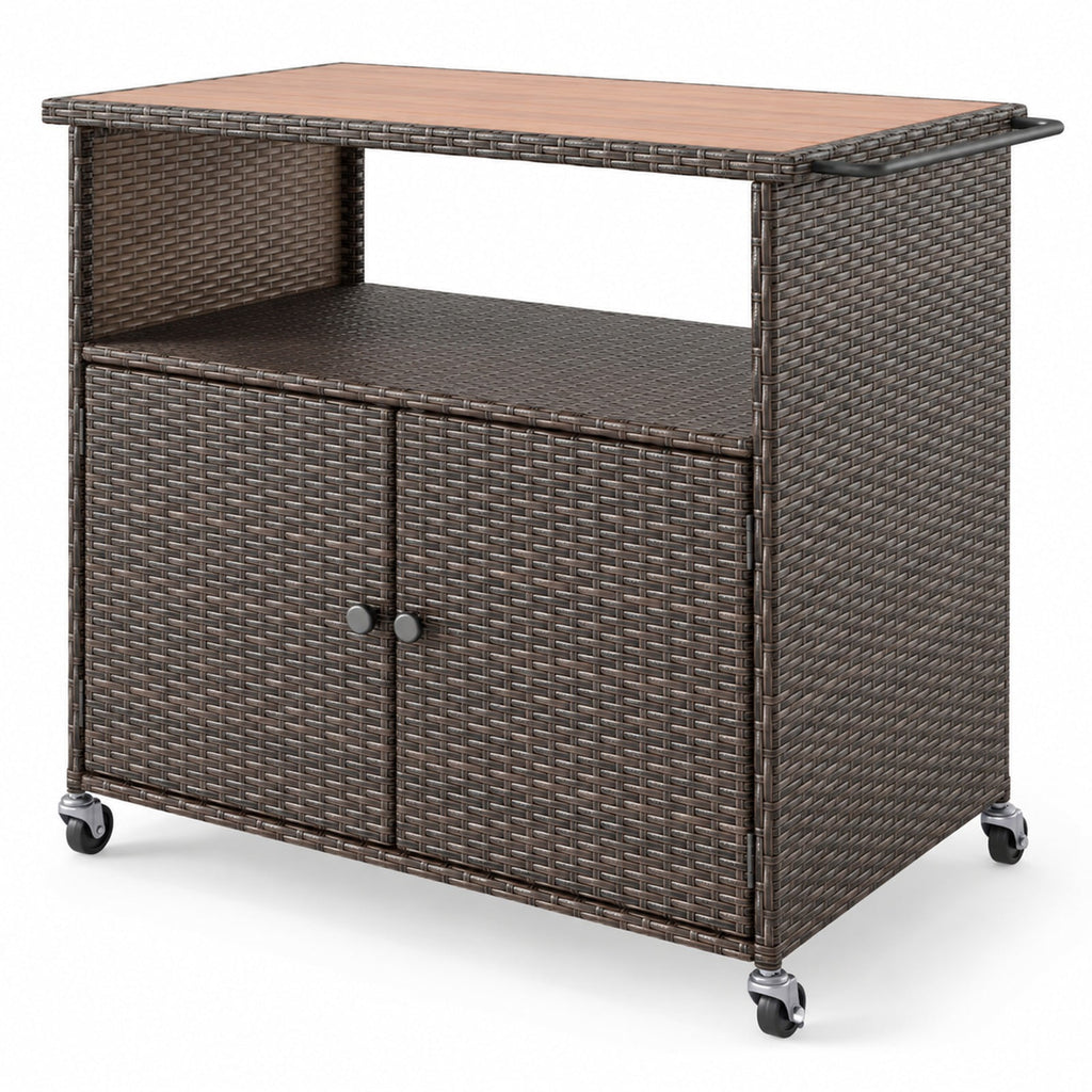 Airfind Outdoor Storage Cabinet with Acacia Wood Top and Lockable Wheels, 180 lbs Capacity, PE Rattan Acacia Wood Metal Frame, Black