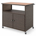 Airfind Outdoor Storage Cabinet with Acacia Wood Top and Lockable Wheels, 180 lbs Capacity, PE Rattan Acacia Wood Metal Frame, Black