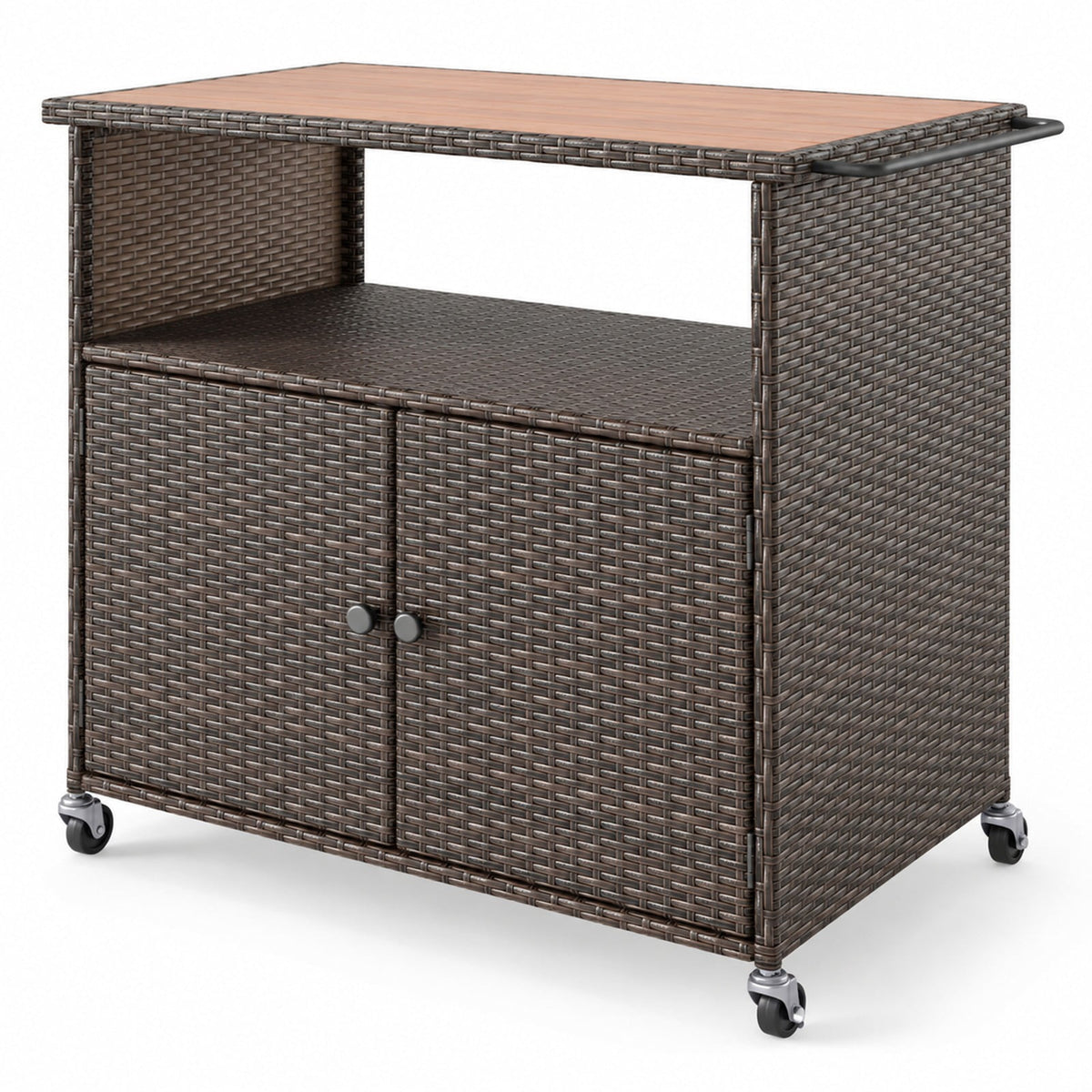 Airfind Outdoor Storage Cabinet with Acacia Wood Top and Lockable Wheels, 180 lbs Capacity, PE Rattan Acacia Wood Metal Frame, Black