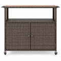 Airfind Outdoor Storage Cabinet with Acacia Wood Top and Lockable Wheels, 180 lbs Capacity, PE Rattan Acacia Wood Metal Frame, Brown