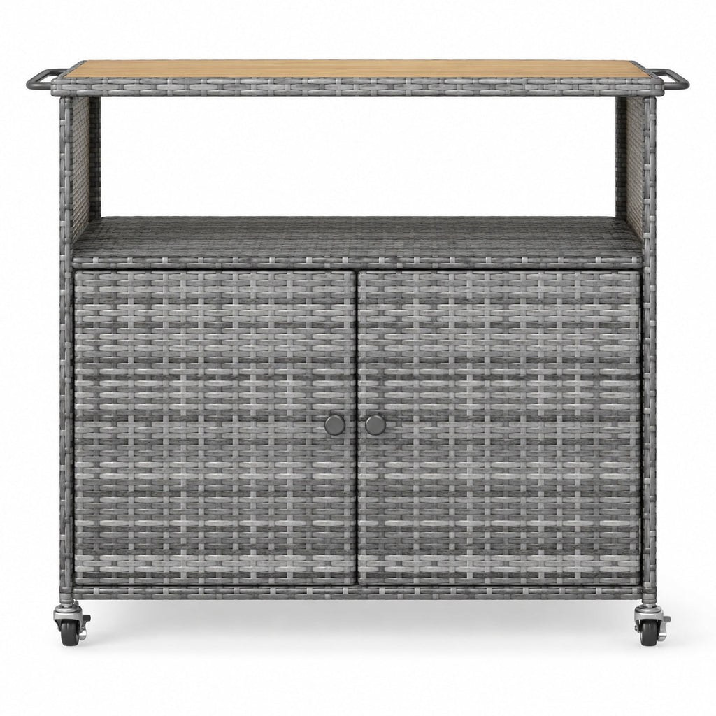 Airfind Outdoor Storage Cabinet with Acacia Wood Top and Lockable Wheels, 180 lbs Capacity, PE Rattan Acacia Wood Metal Frame, Gray