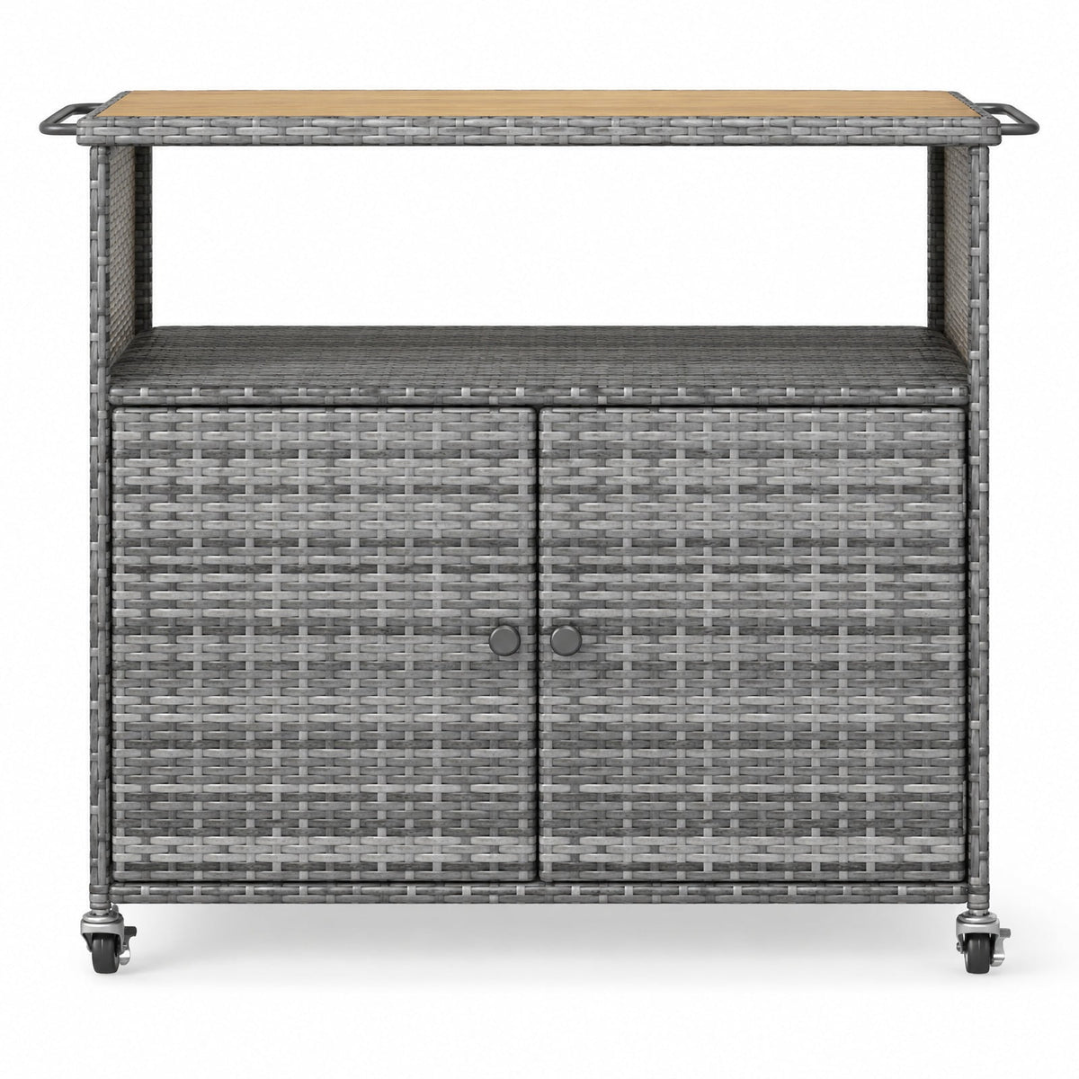 Airfind Outdoor Storage Cabinet with Acacia Wood Top and Lockable Wheels, 180 lbs Capacity, PE Rattan Acacia Wood Metal Frame, Gray