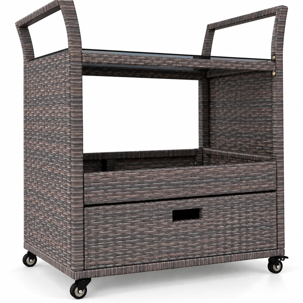 AIRFIND Outdoor Bar Cart with Wicker Exterior, Tempered Glass Top, Storage Drawer and Shelf, Four Casters with Two Brakes, 33.5 in Wide