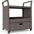 AIRFIND Outdoor Bar Cart with Wicker Exterior, Tempered Glass Top, Storage Drawer and Shelf, Four Casters with Two Brakes, 33.5 in Wide