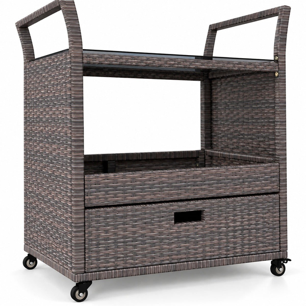 AIRFIND Outdoor Bar Cart with Wicker Exterior, Tempered Glass Top, Storage Drawer and Shelf, Four Casters with Two Brakes, 33.5 in Wide