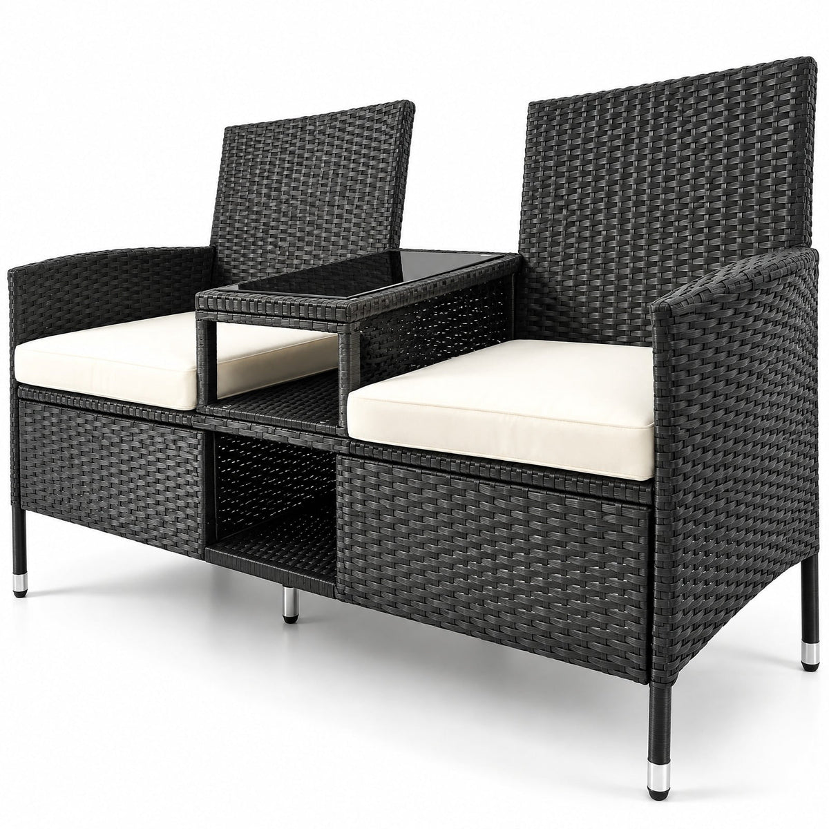 Airfind Outdoor Wicker Patio Loveseat with Built-in Glass Side Table, 400 lbs Capacity, PE Rattan Metal Polyester Sponge Frame, Black