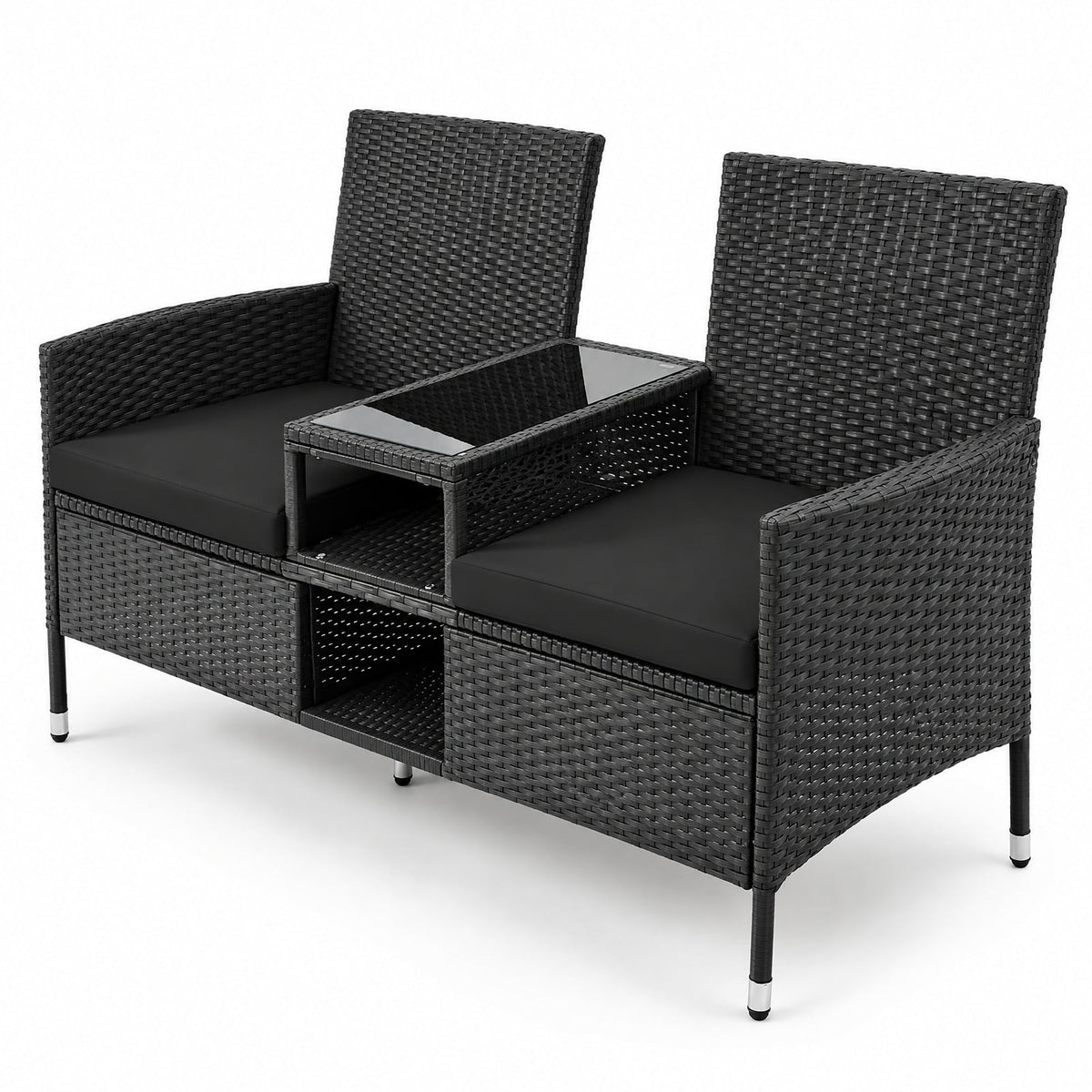 Airfind Outdoor Wicker Patio Loveseat with Built-in Glass Side Table, Seat 400 lbs Capacity, PE Rattan Metal Polyester Sponge Frame, Black