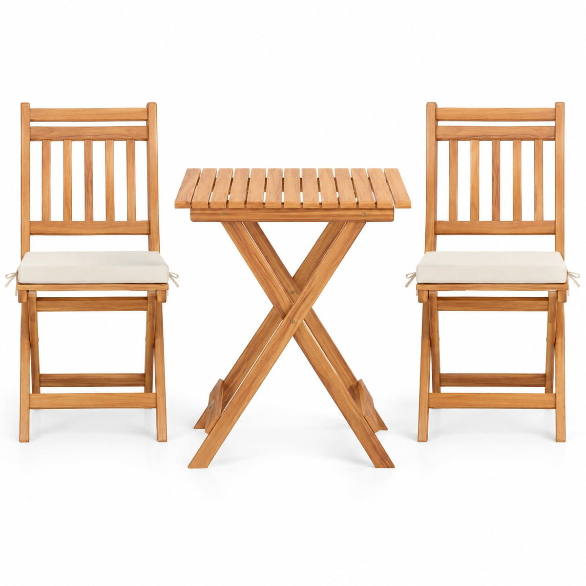 Airfind Outdoor Wood Bistro Set with Soft Seat Cushions and Table, Chair 400 lbs Capacity, Acacia Wood Polyester Sponge Frame, White