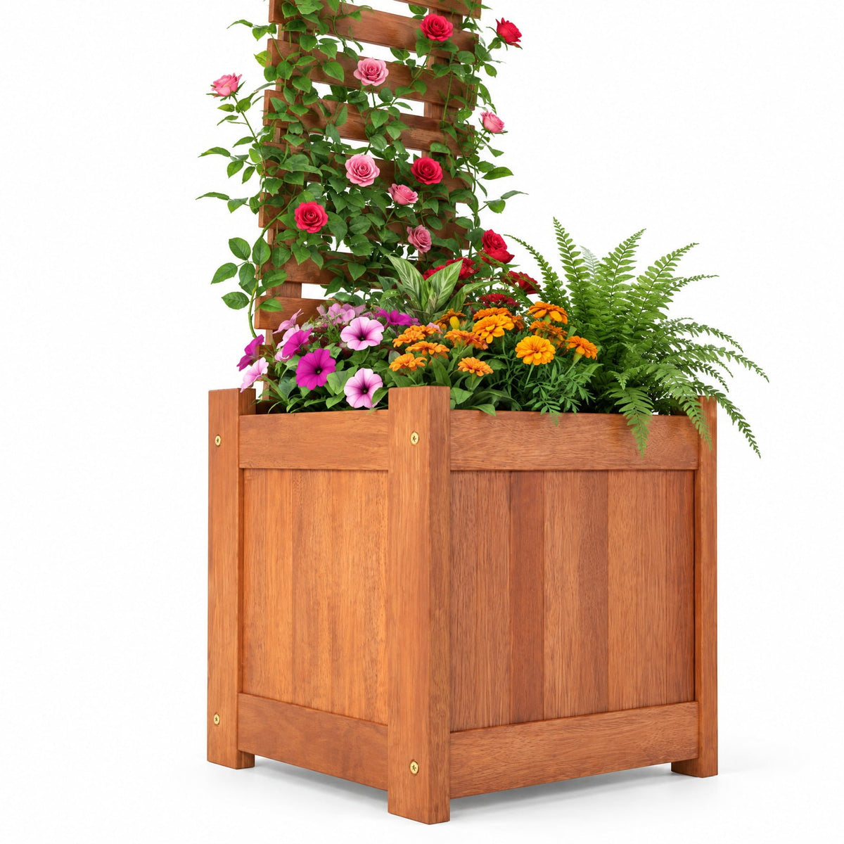 Airfind Outdoor Wooden Raised Garden Bed with Trellis, Solid Wood Frame, 16 x 16 x 48 Planter Footprint, Natural
