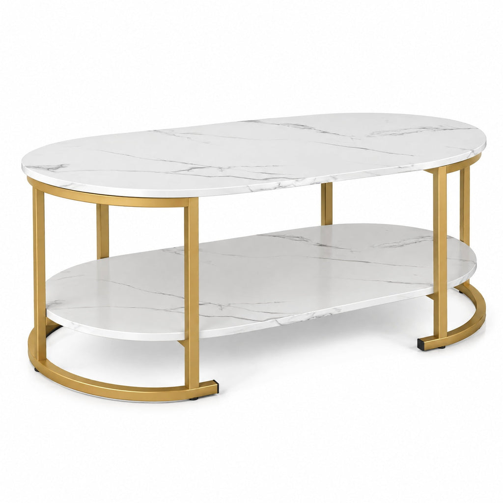 Airfind Oval Coffee Table 2-Tier Wooden Accent Table with Spacious Tabletop and Open Storage Shelf, Engineered Board Metal Frame, White