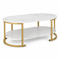 Airfind Oval Coffee Table 2-Tier Wooden Accent Table with Spacious Tabletop and Open Storage Shelf, Engineered Board Metal Frame, White