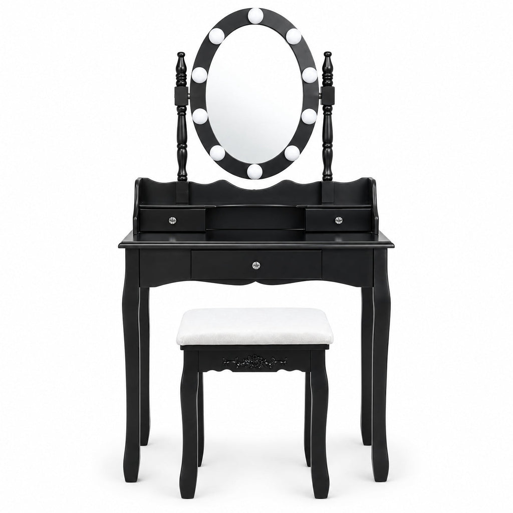 Airfind Oval Mirror Vanity Set with 10 LED Dimmable Bulbs and 3 Drawers, 287 lbs Capacity, MDF Pine Frame, Black