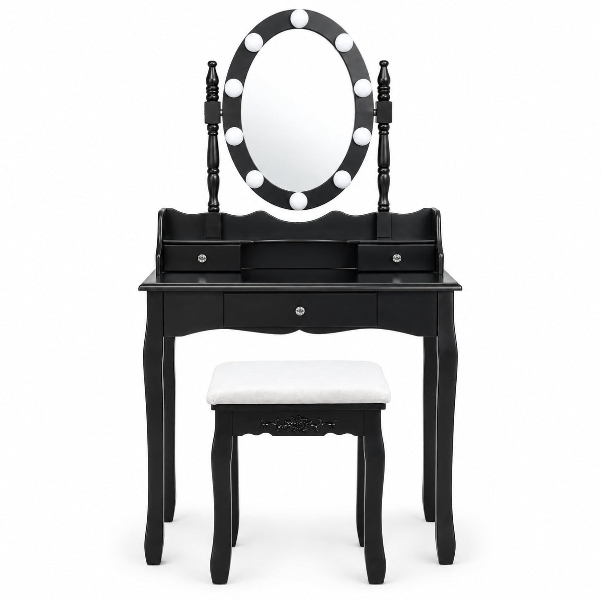 Airfind Oval Mirror Vanity Set with 10 LED Dimmable Bulbs and 3 Drawers, 287 lbs Capacity, MDF Pine Frame, Black