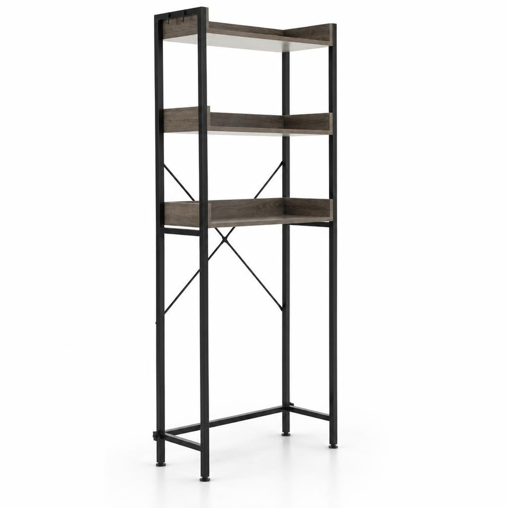 Airfind Over The Toilet Storage Rack with Hooks and Adjustable Bottom Bar, Metal Engineered Wood Frame, Grey