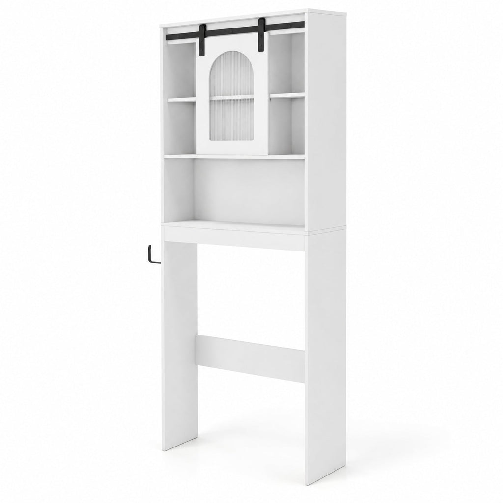 Airfind Over Toilet Storage Cabinet with Sliding Barn Door and Open Shelves for Bathroom, 44 lbs Capacity, Engineered Wood Frame, White