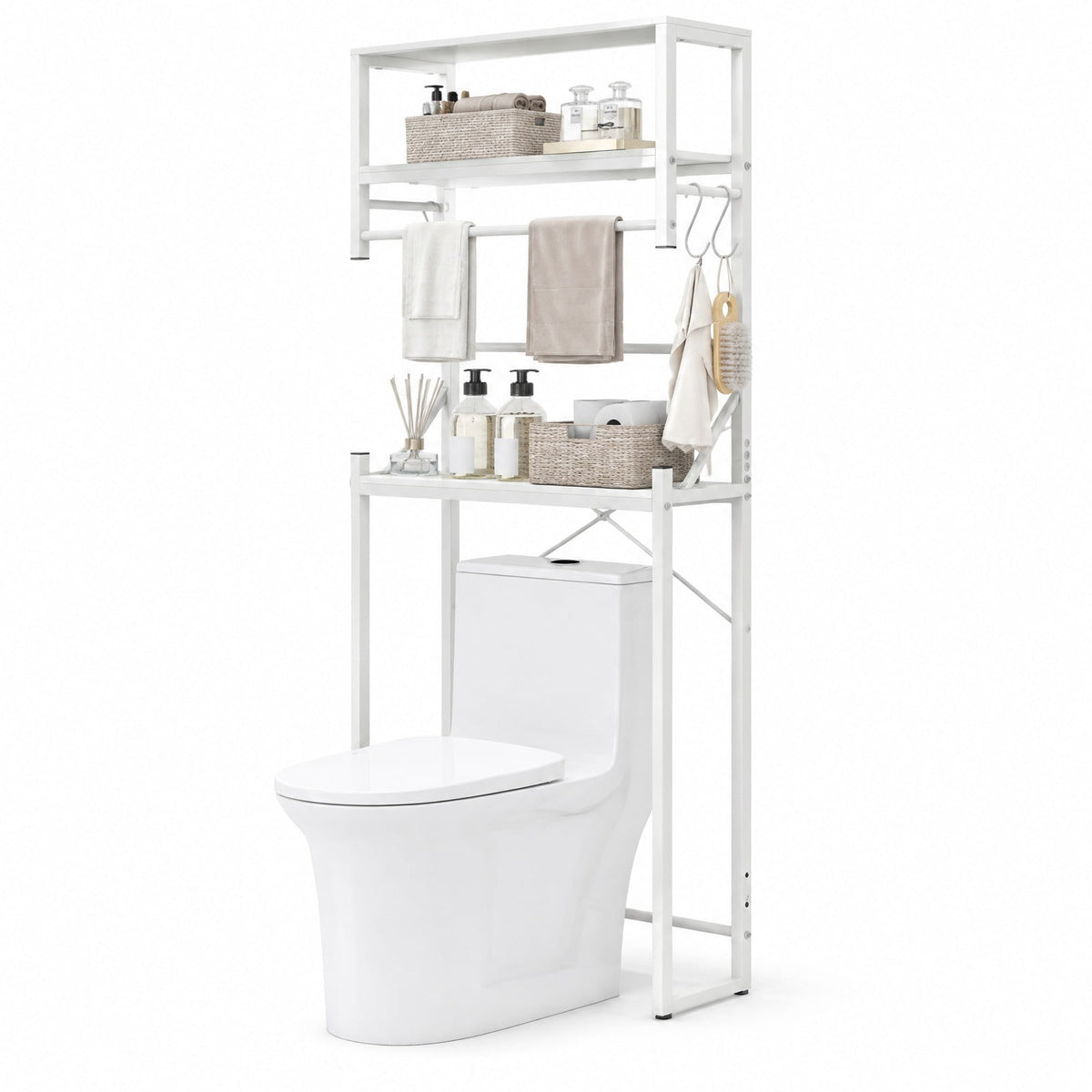 Airfind Over the Toilet Storage Rack 3-Tier Over Toilet Bathroom Organizer with Towel Holder, 110 lbs Capacity, Metal Engineered Wood Frame, White