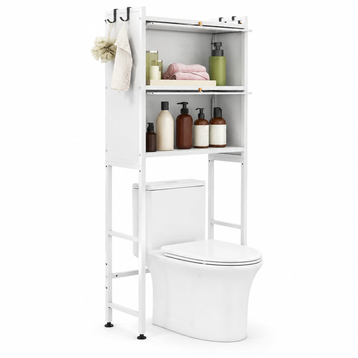 Airfind Over-the-toilet Cabinet Bathroom Organizer with 2 Flip-up Cabinets, 33 Lbs Capacity, Carbon Steel PC Plastic, White