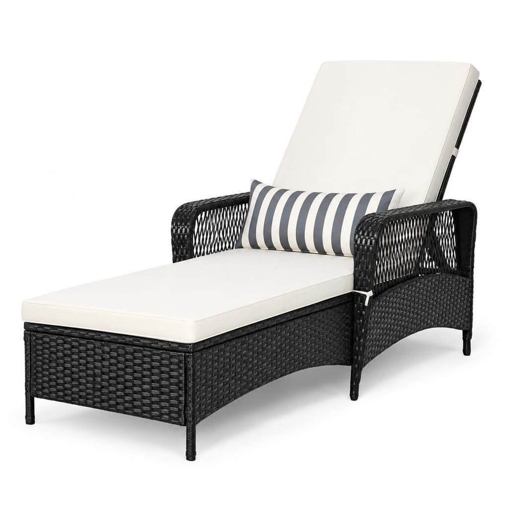 Airfind PE Rattan Armrest Chaise Lounge Chair with Adjustable Pillow, 400 lbs Capacity, Steel PE wicker rattan fabric foam Frame, White
