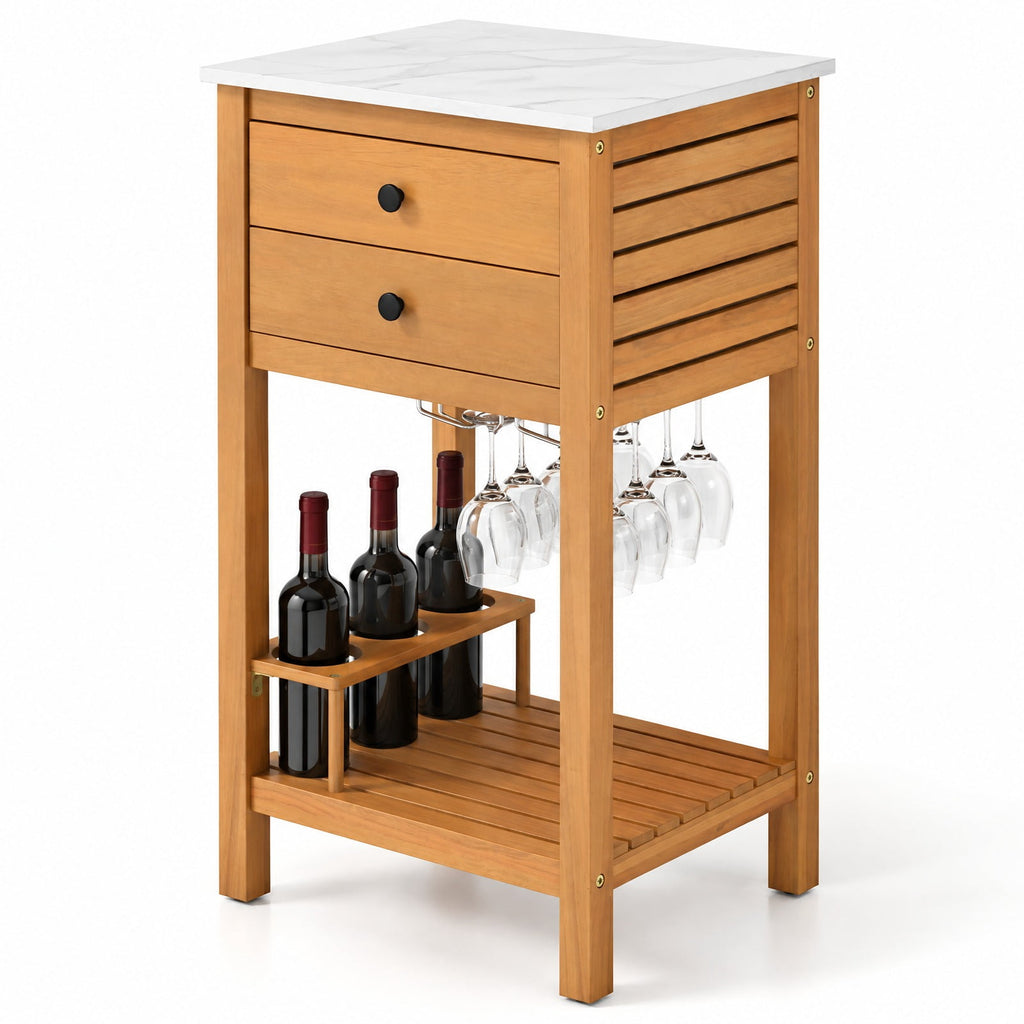 Airfind Patio Acacia Wood Storage Cabinet Patio Buffet Cabinet Bar Table with Faux Marble Countertop, 165 lbs Capacity, Acacia Wood Resin Frame