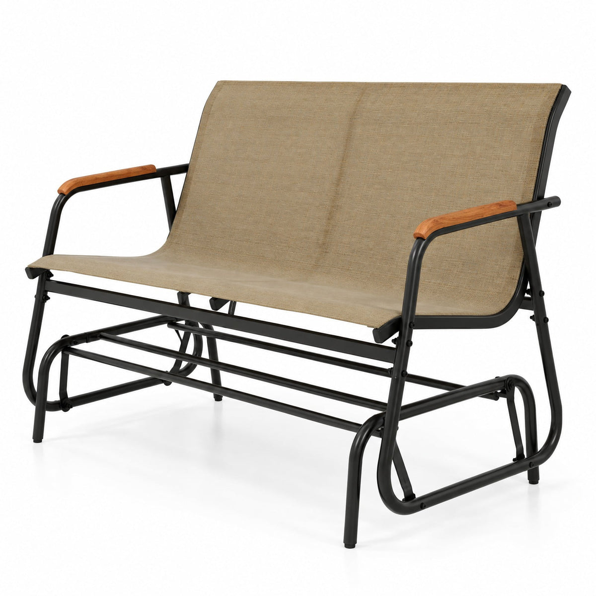 Airfind Patio Glider Bench with Curved Teak Armrests and Breathable Fabric Seat for 2 People, 660 lbs Capacity, Metal Fabric Teak Wood Frame, Brown