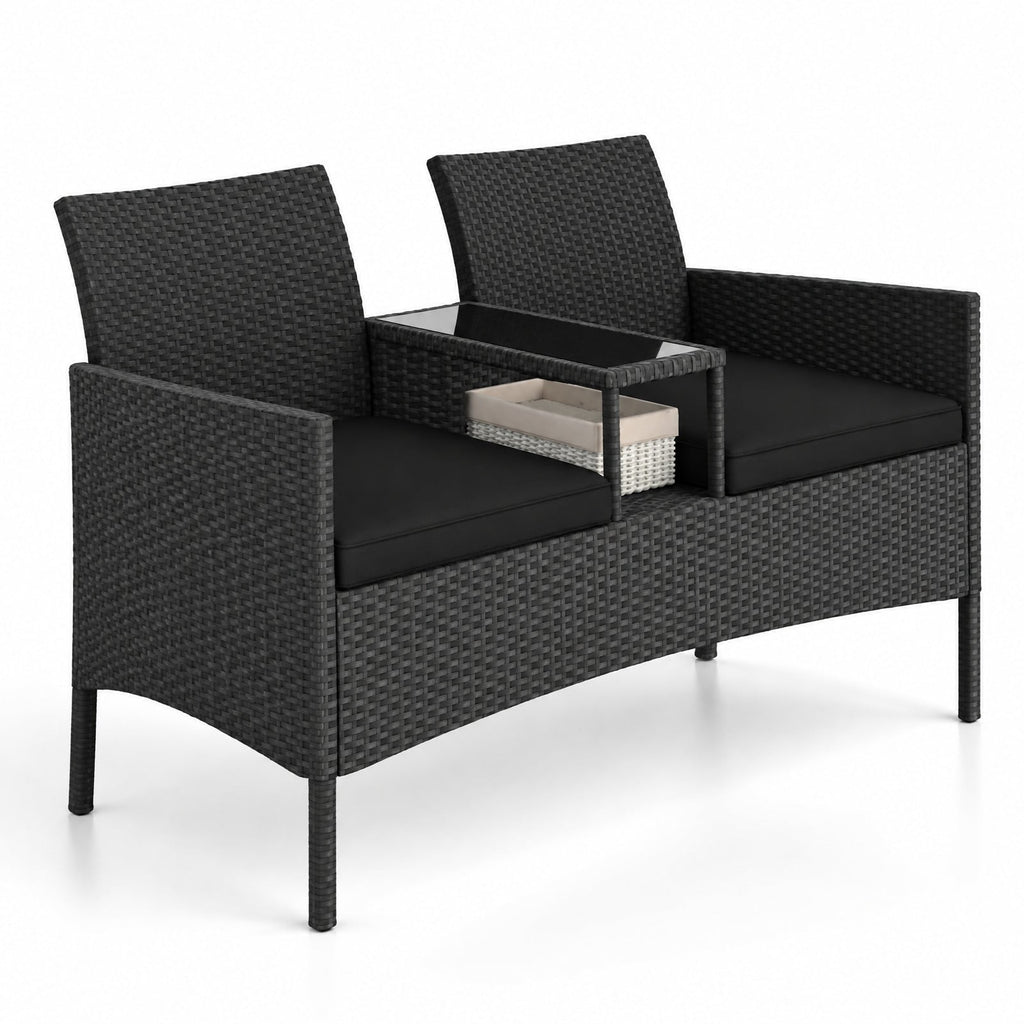 Airfind Patio Loveseat with Built-in Table for Backyard Porch, 400 lbs Capacity, PE Rattan Metal Polyester Sponge Tempered Glass Frame, Black