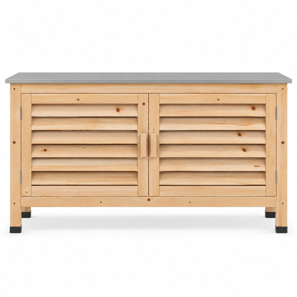 Airfind Patio Storage Cabinet with Stainless Steel Countertop and L-Shaped Shelf for Garden, 66 lbs Capacity, Fir Wood Stainless Steel Rubber Frame