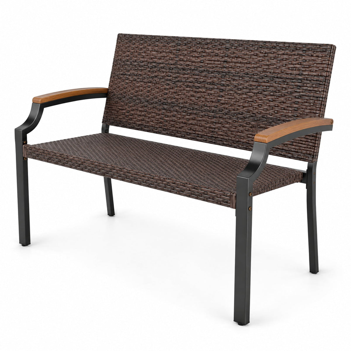 AIRFIND Patio Wicker Loveseat with Acacia Wood Armrests, Woven PE Rattan Seat, Metal Frame and Adjustable Front Feet, Mix Brown