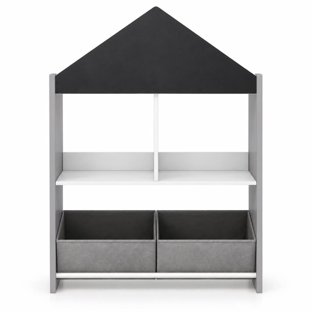 Airfind Playhouse Kids Bookshelf with Chalkboard and Whiteboard for 3-6 Years, MDF Metal Fabric Frame, Gray