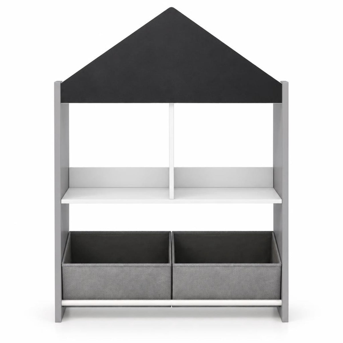 Airfind Playhouse Kids Bookshelf with Chalkboard and Whiteboard for 3-6 Years, MDF Metal Fabric Frame, Gray