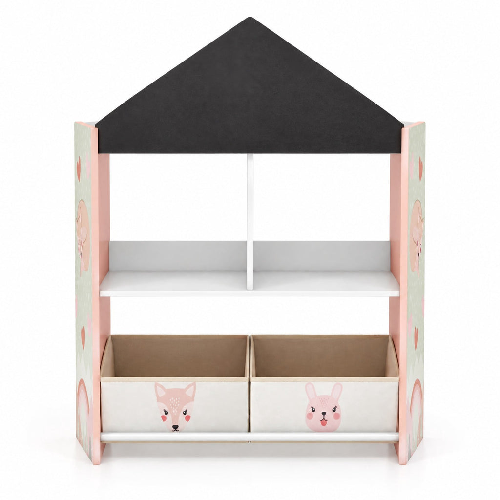 Airfind Playhouse Kids Bookshelf with Chalkboard and Whiteboard for 3-6 Years, MDF Metal Fabric Frame, Pink